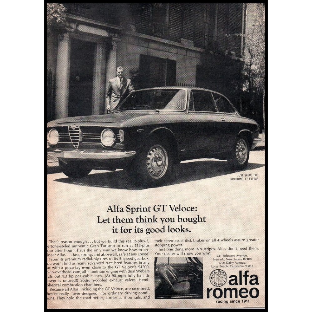 1968 Alfa Romeo Sprint GT Veloce Gran Turismo Vintage Print Ad Downtown Wall Art